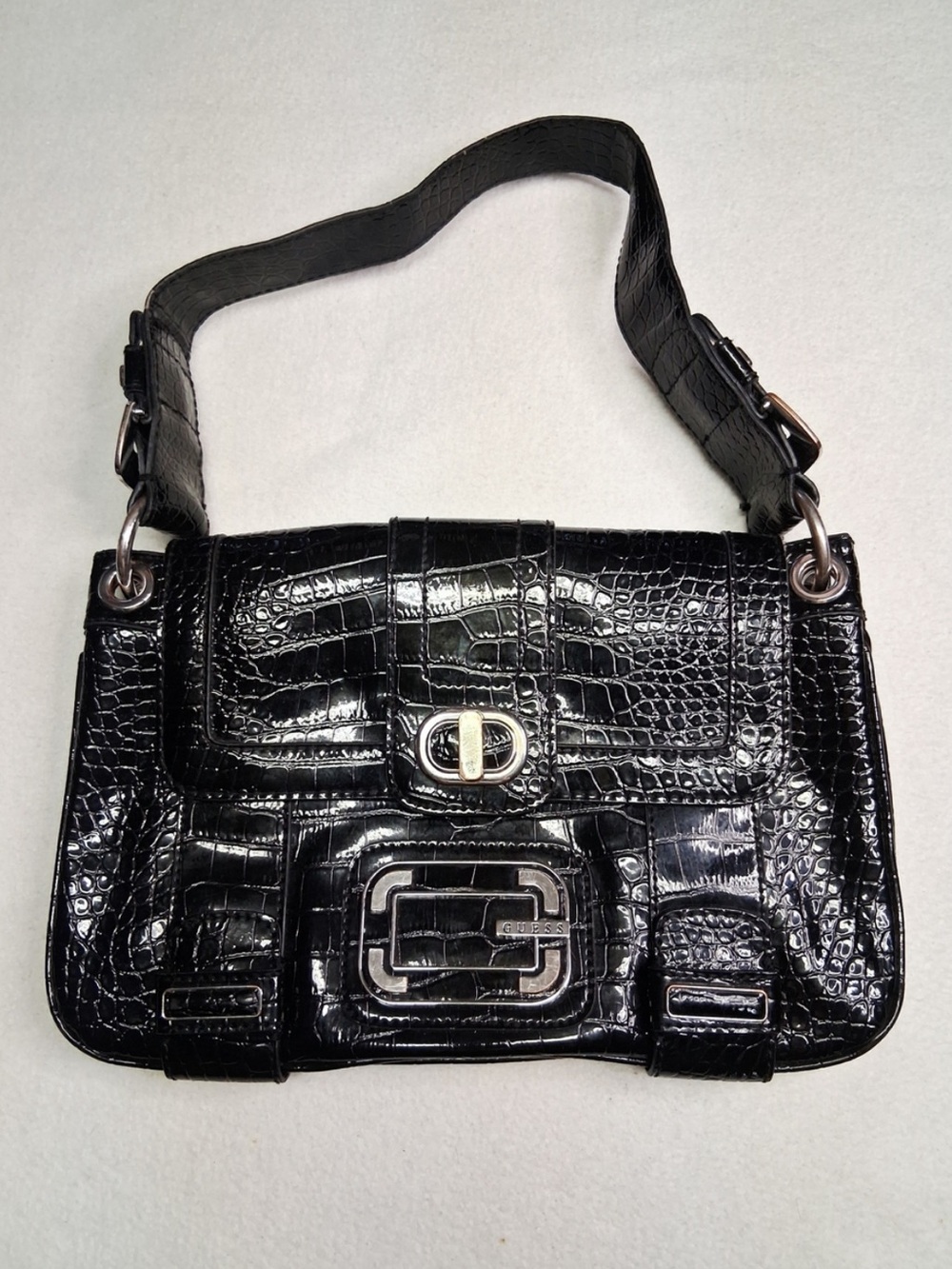 Y2K Guess Black Croc-Embossed Shoulder Bag with Silver-Tone Logo